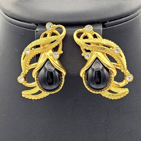 VTG Barrera for Avon Clip-On Earrings Goldtone Black Lucite Stones Rhinestones - Picture 1 of 7